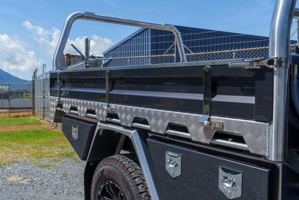This is a image of a Heavy Duty Aluminium Ute Tray's  on a Toyota Hilux showcasing the tray sides