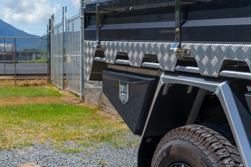 This is a image of a Heavy Duty Aluminium Ute Tray's  on a Toyota Hilux showcasing the tray toolboxes