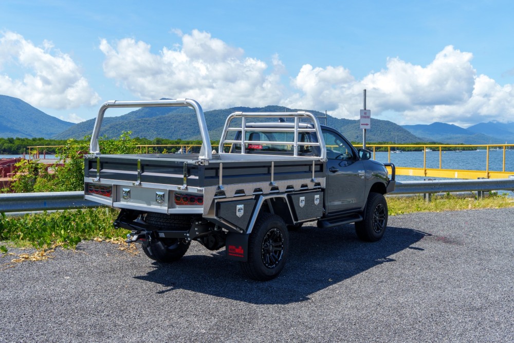 This is a image of a Heavy Duty Aluminium Ute Tray's  on a Toyota Hilux Rear Shot