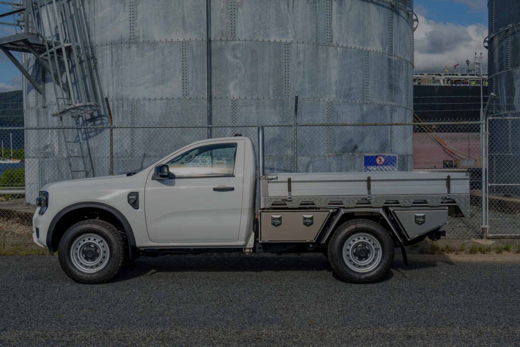This is a Heavy Duty Aluminium Ute Tray on a Single Cab Ford Ranger in White