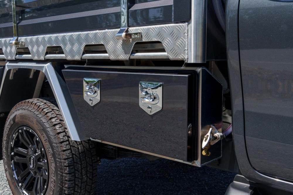 This is a Norweld Heavy Duty Aluminium Ute Tray on a Toyota HIlux Showcasing the Front Toolboxes