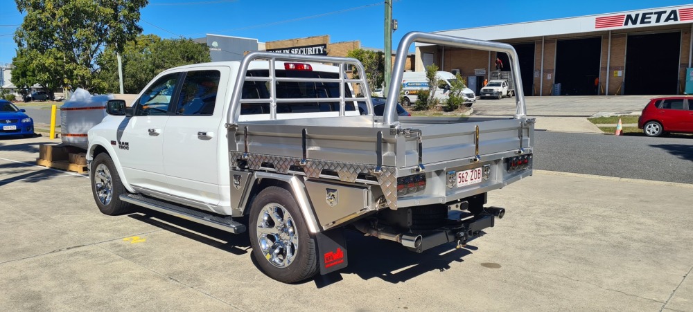 This is a image of a heavy duty ute tray called deluxe tray on a RAM 1500 side shot