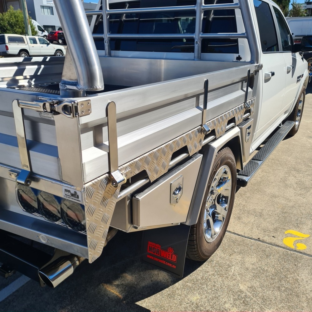 This is a image of a heavy duty ute tray called deluxe tray on a RAM 1500 side boards