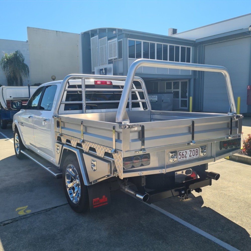 This is a image of a heavy duty ute tray called deluxe tray on a RAM 1500 rear photo