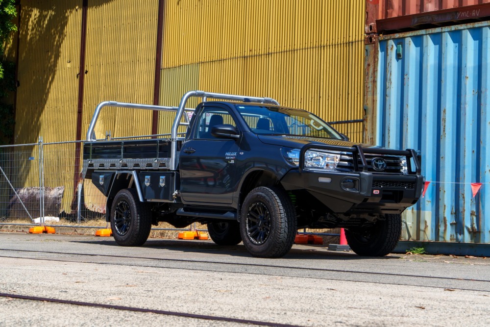 This is a image of a Heavy Duty Aluminium Ute Tray's  on a Toyota Hilux Quarter Shot