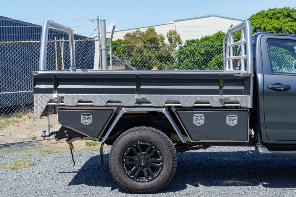 This is a image of a Heavy Duty Aluminium Ute Tray's  on a Toyota Hilux Side on