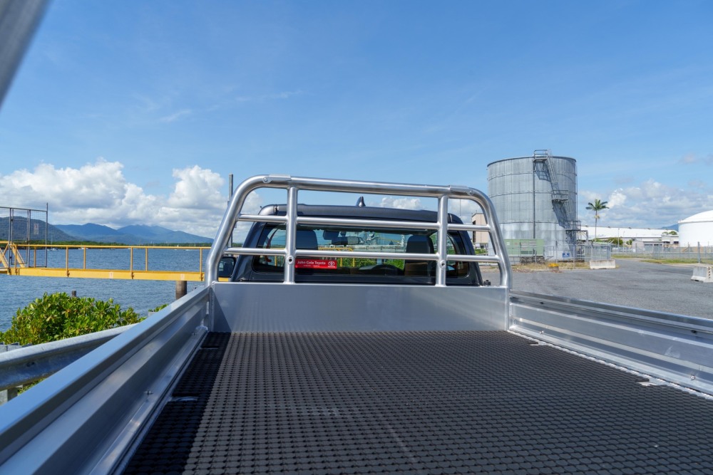 This is a image of a Heavy Duty Aluminium Ute Tray's  on a Toyota Hilux showcasing the one piece tray floor