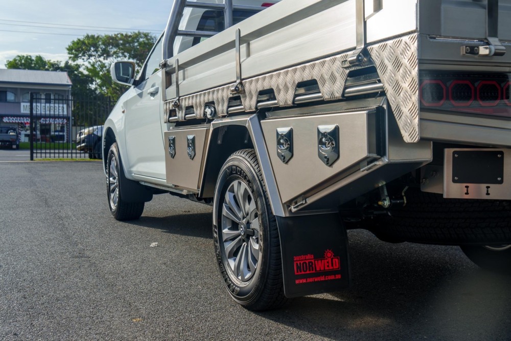 This is a image of Norweld's Heavy Duty Aluminium Trays on a Isuzu Dmax Rear with toolboxes