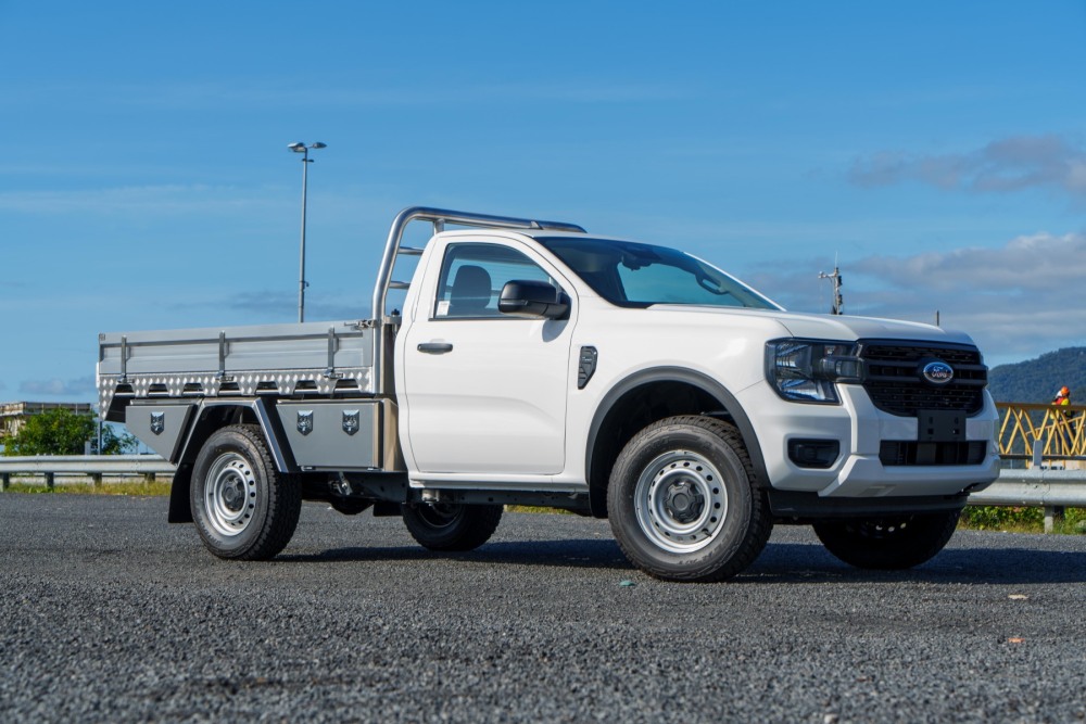 This is a image of a Heavy Duty Aluminium Ute Tray on a Next Gen Ford Ranger Deluxe with No Paint Front Quarter