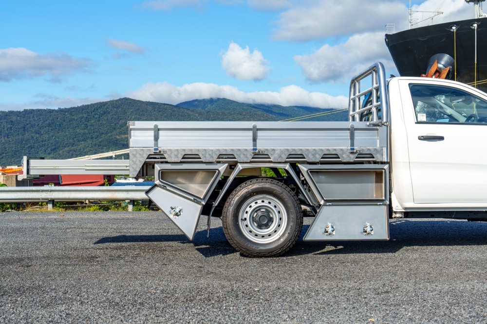 This is a image of a Heavy Duty Aluminium Ute Tray on a Next Gen Ford Ranger Deluxe with No Paint Toolboxes