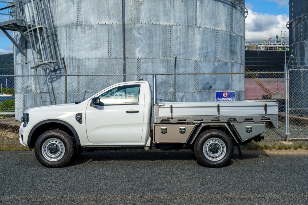 This is a image of a Heavy Duty Aluminium Ute Tray on a Next Gen Ford Ranger Deluxe with No Paint Side On
