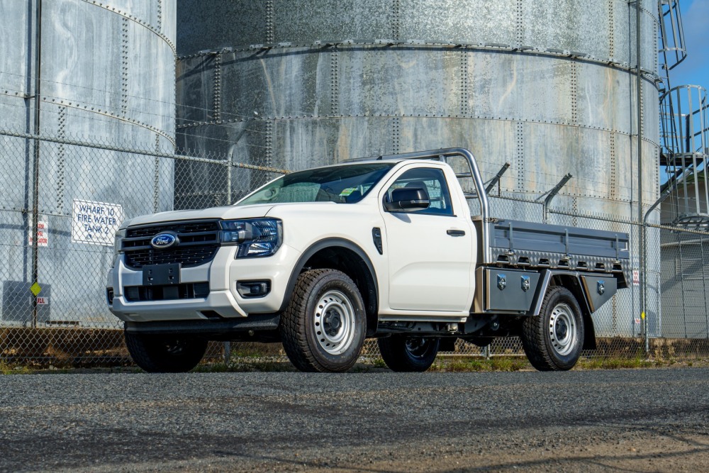 This is a image of a Heavy Duty Aluminium Ute Tray on a Next Gen Ford Ranger Deluxe with No Paint Front