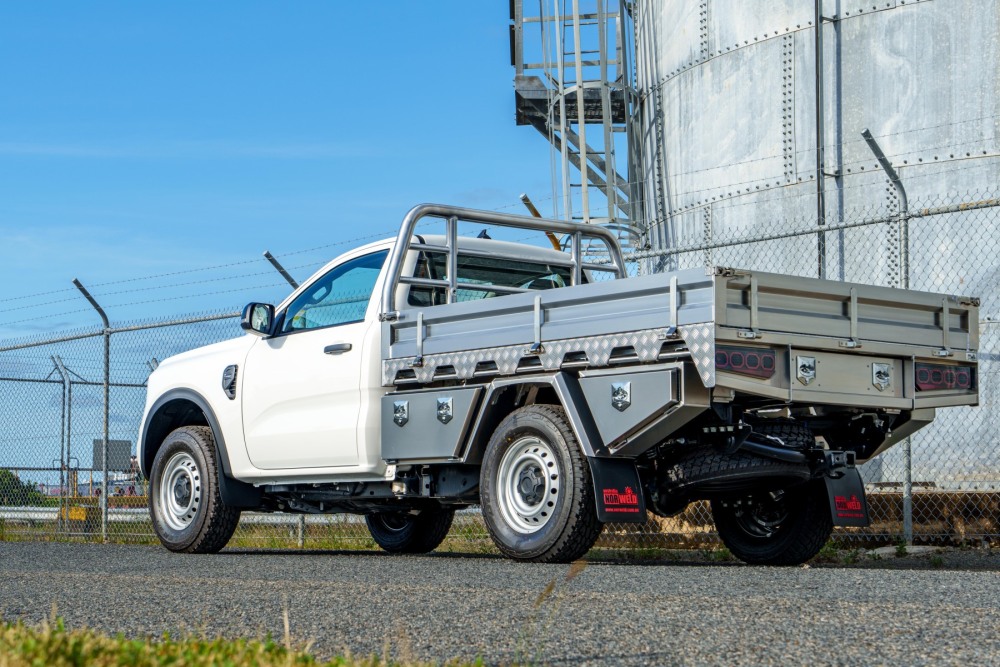 This is a image of a Heavy Duty Aluminium Ute Tray on a Next Gen Ford Ranger Deluxe with No Paint Rear