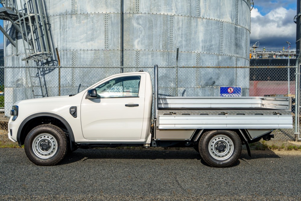This is a image of a Heavy Duty Aluminium Ute Tray on a Next Gen Ford Ranger Deluxe with No Paint Sides down