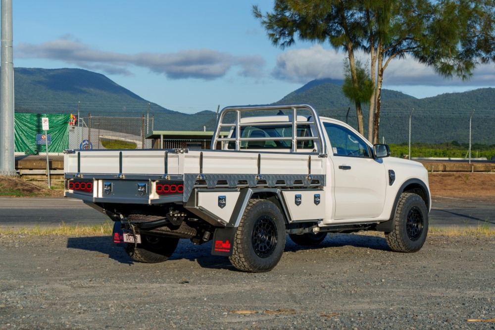 This is a image of a Heavy Duty Aluminium Ute Tray on a Next Gen Ford Ranger Rear Quarter