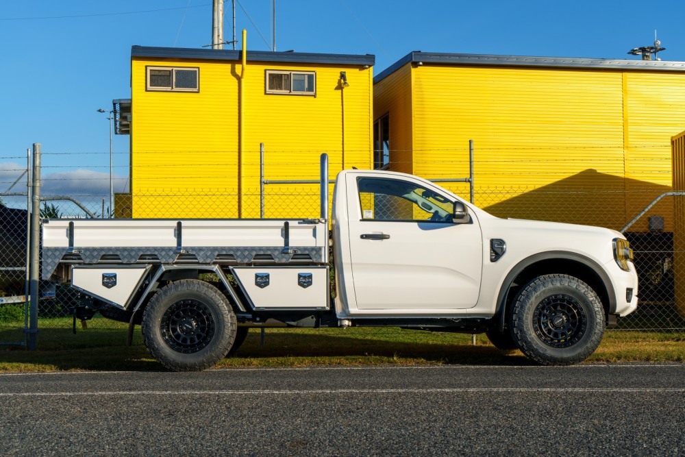 This is a image of a Heavy Duty Aluminium Ute Tray on a Next Gen Ford Ranger Side On Worksite