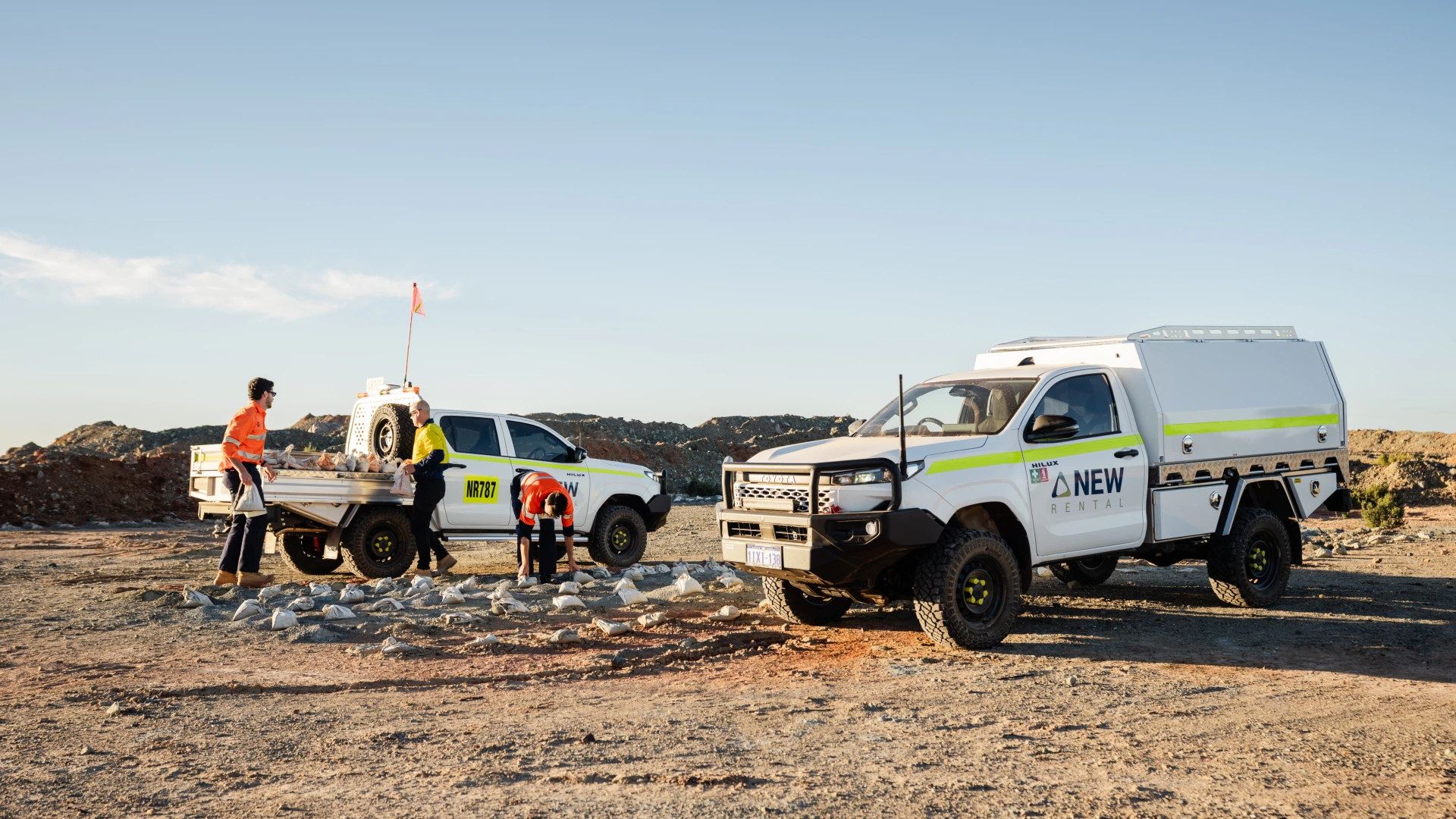 New Rentals Toyota Hilux fleet with Norweld tray and canopy in a mining environment