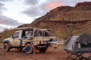 Toyota LandCruiser 79 Series with Norweld canopy set up at an outback campsite